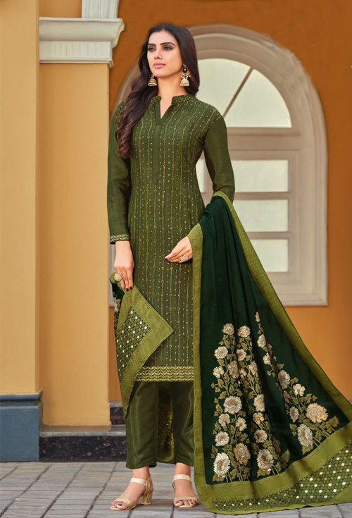olive color designer salwar kameez for girls - Dark Olive Green Color  Designer Party Suit - Latest Salwar Kameez - Gifts and Dress for Her