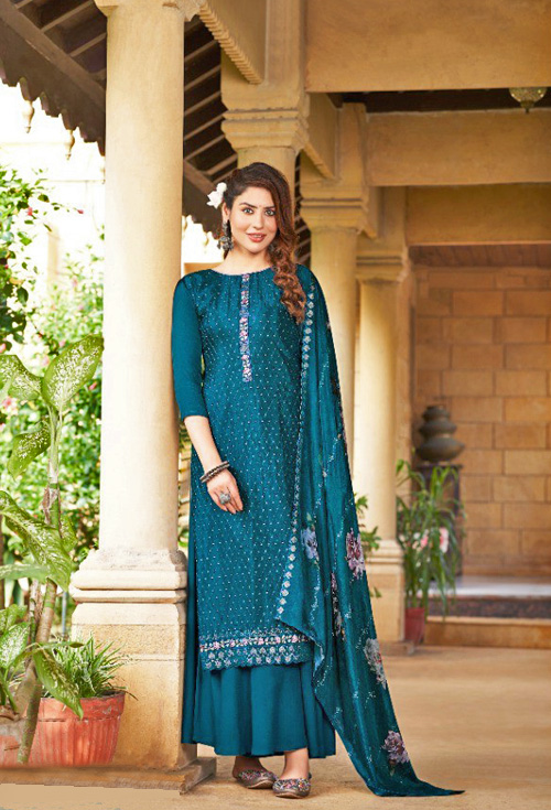 Peacock Blue Color Embroidery Suit